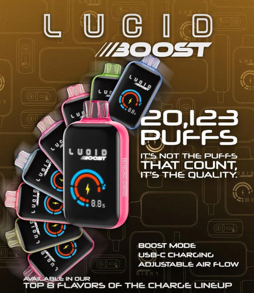 Lucid Boost 20000, image of a colorful portable vaping device with digital display and adjustable airflow, highlighting its features like boost mode, USB-C charging, and multiple flavor options.