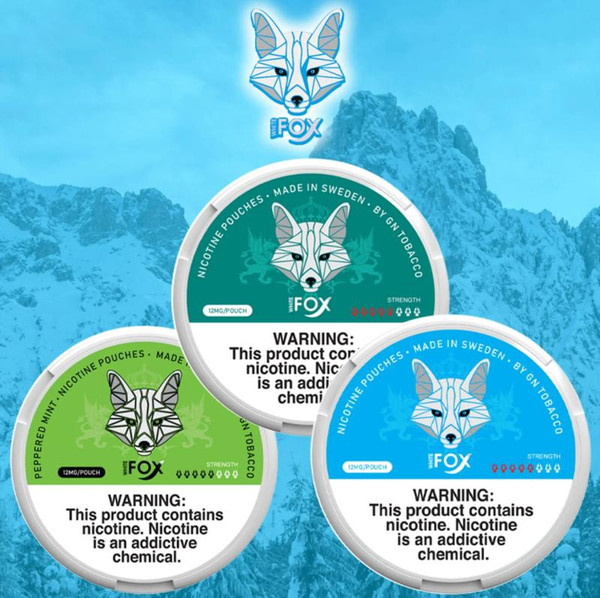 White Fox Nicotine Pouches 12MG, image of three tins of nicotine pouches in green, white, and blue with a fox logo, snow-capped mountains background.