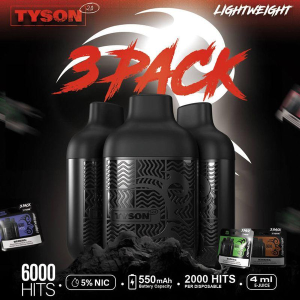 Tyson 2.0 Vape Lightweight, three black portable vape devices with textured designs, promotional packaging in the background, emphasizing 6000 hits, 5% NIC, 550mAh battery, 2000 hits per disposable, and 4ml e-juice capacity.