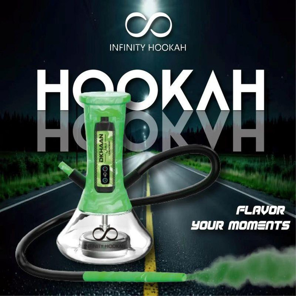 DKHANN INFINITY PORTABLE HOOKAH KIT with free Dkhann Vape 25k Puffs, handheld portable hookah with a green and black design on a scenic night background.