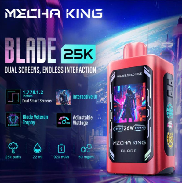 Mecha King Blade 25K Disposable, electronic vaping device with dual screens and colorful display, featuring a pink body and adjustable wattage.