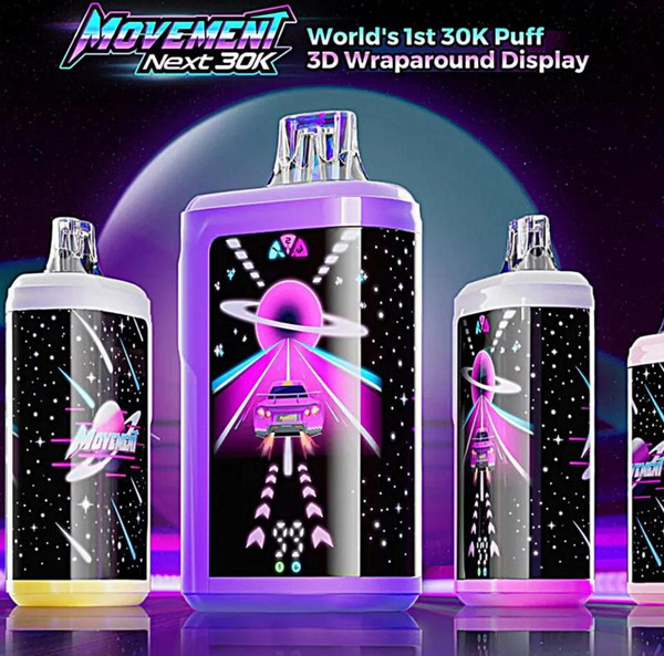Lost Vape Movement Next 30K Disposable, futuristic vape device with a vibrant 3D wraparound display showing a neon-themed spaceship and car scene.