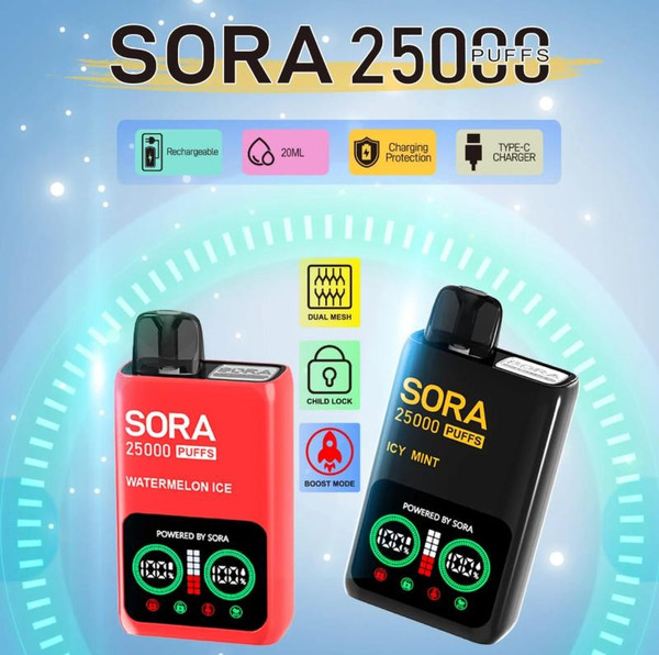SORA 25K Disposable, vape device with watermelon ice flavor display showing rechargeable, 20ML capacity, charging protection, and Type-C charger features