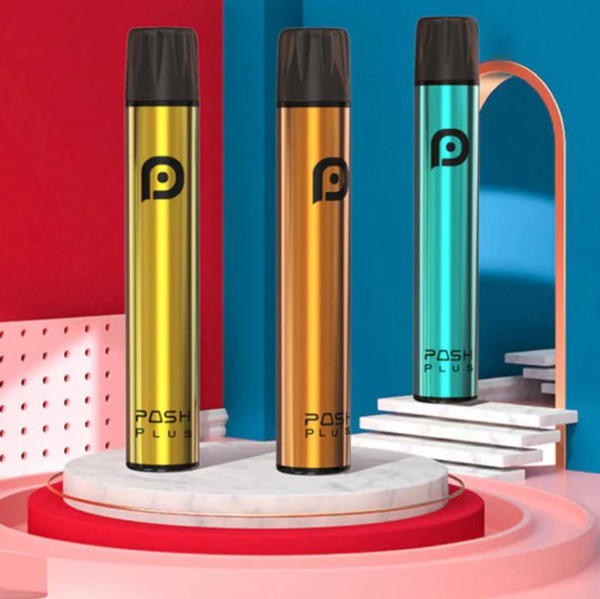 POSH Posh Plus 1500 Disposable vaporizer, three colorful sleek vape pens in yellow, orange, and teal, standing on a circular white platform with a vibrant pink and blue background.