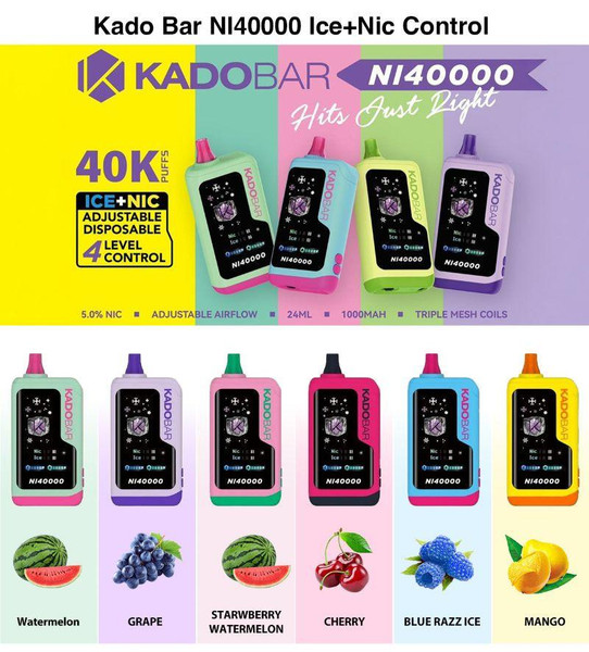 Kado Bar NI40000 Disposable Vape, colorful electronic vape devices with fruit flavor options including watermelon, grape, strawberry watermelon, cherry, blue razz ice, and mango.