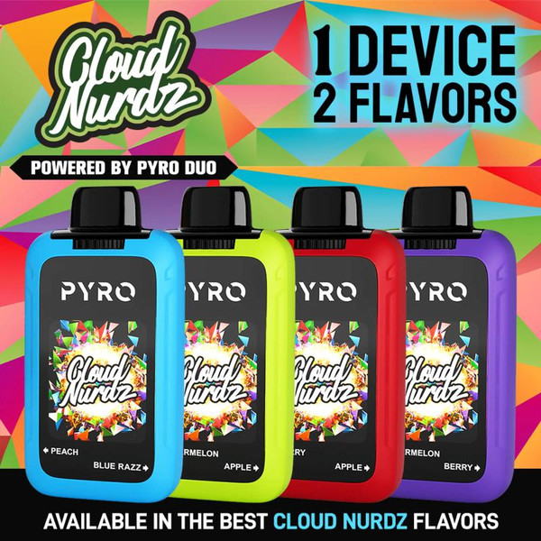 Cloud Nurdz X Pyro Duo 30K, colorful vaping device bottles with two flavors each, in blue, green, red, and purple, set against a vibrant geometric background.