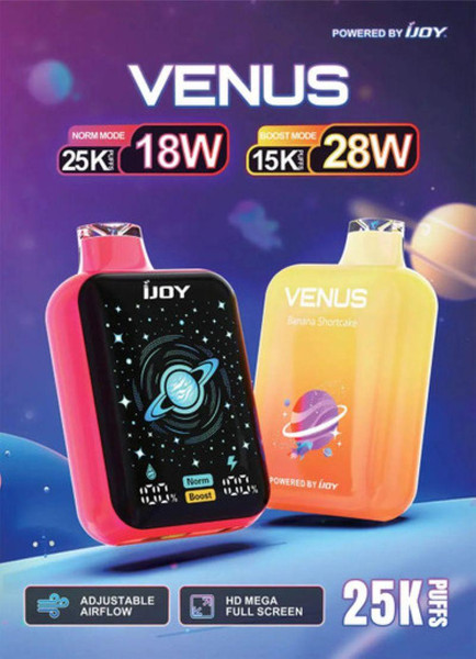 iJoy Venus 25K Disposable, colorful electronic vaping device with space-themed graphics and adjustable airflow feature.