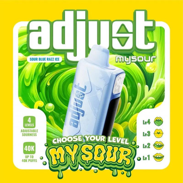Adjust MySour 40K Disposable vape device with sour blue razz ice flavor on green and yellow colorful background.