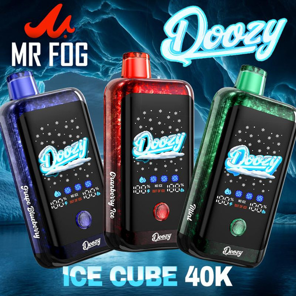 Mr Fog Doozy Ice Cube 40K, electronic vaping device in blue, red, and green colors with digital display and branding.