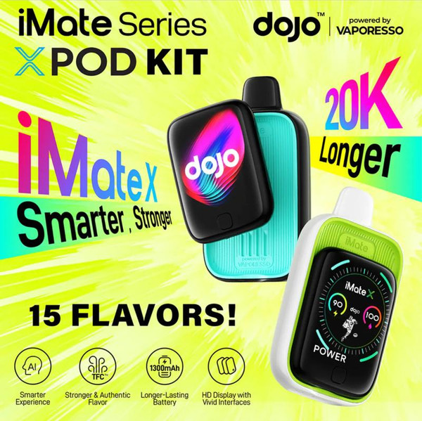 Vaporesso DOJO iMate X 20000 Disposable Kit, colorful electronic vaping devices with digital display screens.
