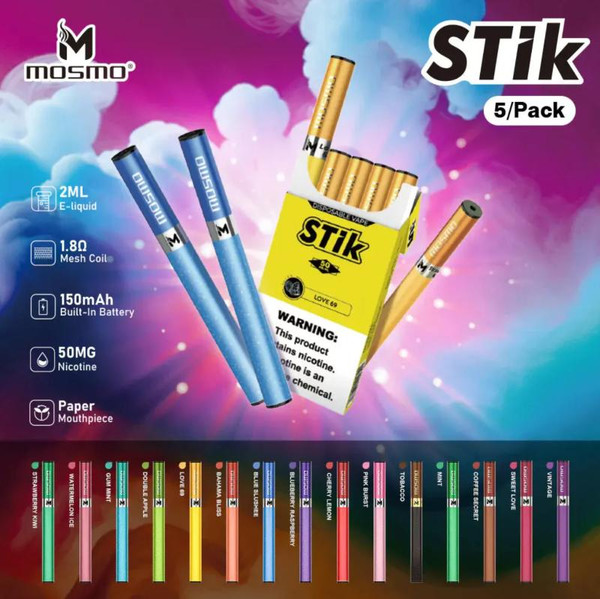 Mosmo Stik 300 Disposable 5ct, colorful vape pens and packaging with digital specifications and flavor options.