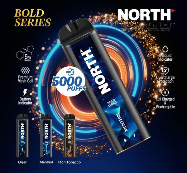 NORTH North 5000 Disposable vape, black sleek vaping device with bold series branding, and digital display, highlighting 5000 puffs, mint flavor along with features like nicotine content, mesh coil, battery indicator, e-liquid indicator, overcharge protection, and rechargeable design.