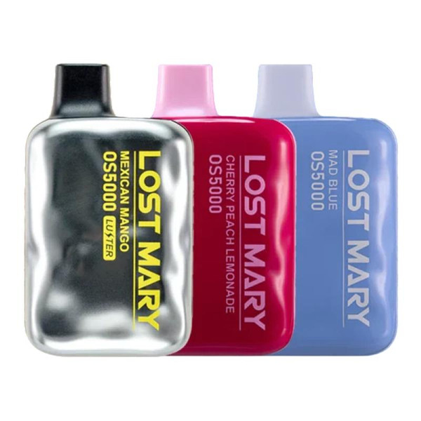 Lost Mary OS5000 Disposable Vape, three colorful flavor pods in black, pink, and blue with brand and flavor labels
