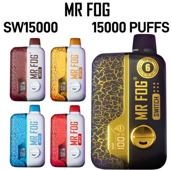 Mr Fog Switch SW15000, collection of four vape devices in various colors with cracked pattern design, featuring LED display and adjustable settings.