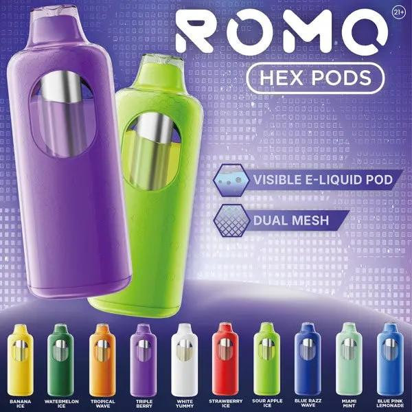 ROMO Hex 50K Disposable Pod, image showing colorful disposable vape devices in purple and green with a purple background.