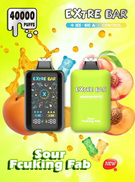Extre Bar 40000 Ice - Nic Control, electronic vaping device with colorful digital display and bright green packaging, surrounded by peaches, gummy bears, and vibrant liquid splashes.
