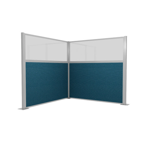 Acoustic Portable Partition Pre-Configured Hush Panel Cubicle, L Shape 6' x 6' W/ Window Caribbean Woven Fabric - Silver Trim