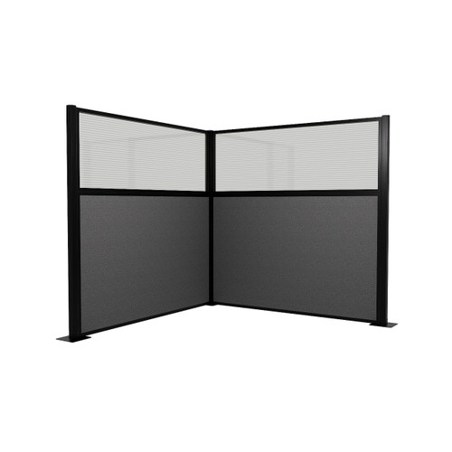 Acoustic Portable Partition Pre-Configured Hush Panel Cubicle, L Shape 6' x 6' W/ Window Charcoal Gray Woven Fabric - Black Trim