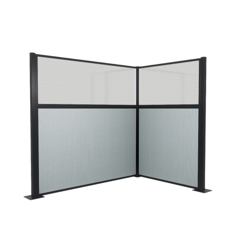 Acoustic Portable Partition Pre-Configured Hush Panel Cubicle, L Shape 6' x 4' W/ Window Powder Blue Woven Fabric - Black Trim