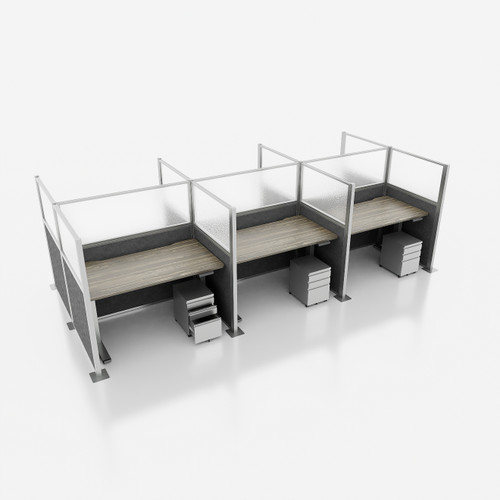 Hush Panel Cubicle 6-pack 6' x 6' x 4' with Window and Desk, Cloud Gray Woven Fabric Silver Frame