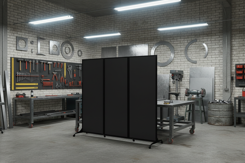 Fire-resistant QuickWall Screen positioned at the center of an industrial workshop, standing in front of workbenches, tools, and machinery.