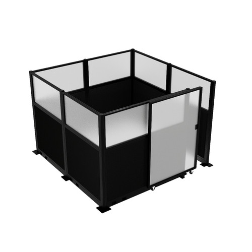 Hush Panel Electric Cubicle Sliding Door KIT, 6'h x 8'w x 8'd, Matte Black Trim, Frosted Poly Window, Frosted Poly 6'h x 4'w Right Door, Fabric Black