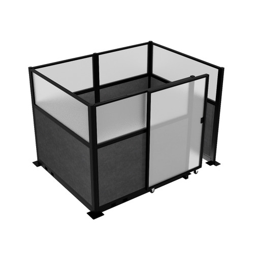 Hush Panel Electric Cubicle Sliding Door KIT, 6'h x 8'w x 6'd, Matte Black Trim, Frosted Poly Window, Frosted Poly 6'h x 4'w Right Door, Fabric Classic Gray