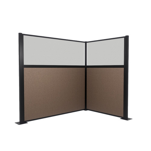 Acoustic Portable Partition Pre-Configured Hush Panel Electric Cubicle, L Shape 6' x 4' W/ Window Mocha Woven Fabric - Black Trim