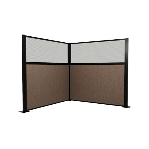 Acoustic Portable Partition Pre-Configured Hush Panel Electric Cubicle, L Shape 6' x 6' W/ Window Mocha Woven Fabric - Black Trim