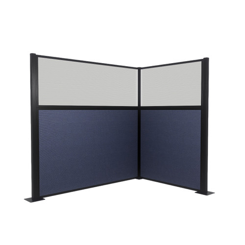 Acoustic Portable Partition Pre-Configured Hush Panel Electric Cubicle, L Shape 6' x 4' W/ Window Navy Blue Woven Fabric - Black Trim