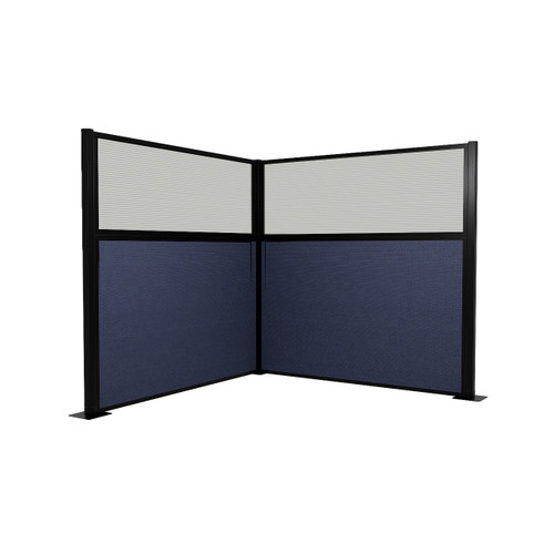 Acoustic Portable Partition Pre-Configured Hush Panel Electric Cubicle, L Shape 6' x 6' W/ Window Navy Blue Woven Fabric - Black Trim