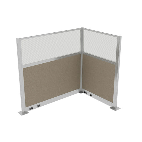 Acoustic Portable Partition Pre-Configured Hush Panel Electric Cubicle, L Shape 6' x 4' w/ Window Warm Pebble Woven Fabric - Silver Trim