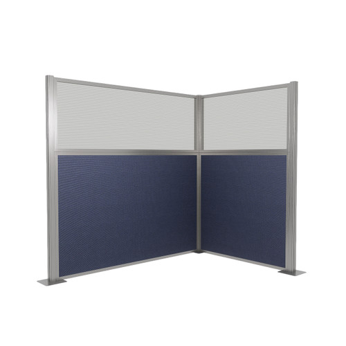 Acoustic Portable Partition Pre-Configured Hush Panel Cubicle, L Shape 6' x 4' L-Build w/ Window Navy Blue Woven Fabric - Silver Trim
