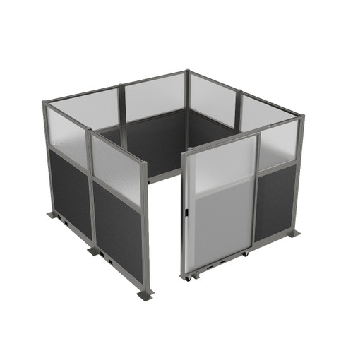 Hush Panel Electric Cubicle Sliding Door KIT, 6'h x 8'w x 8'd, Silver Trim, Frosted Poly Window, Frosted Poly 6'h x 4'w Left Door, Woven Charcoal Gray