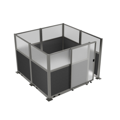 Hush Panel Electric Cubicle Sliding Door KIT, 6'h x 8'w x 8'd, Silver Trim, Frosted Poly Window, Frosted Poly 6'h x 4'w Right Door, Woven Charcoal Gray