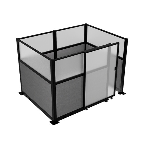 Hush Panel Electric Cubicle Sliding Door KIT, 6'h x 8'w x 6'd, Matte Black Trim, Frosted Poly Window, Frosted Poly 6'h x 4'w Right Door, Woven Cloud Gray