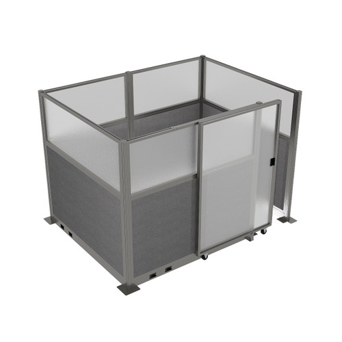 Hush Panel Electric Cubicle Sliding Door KIT, 6'h x 8'w x 6'd, Silver Trim, Frosted Poly Window, Frosted Poly 6'h x 4'w Right Door, Woven Cloud Gray