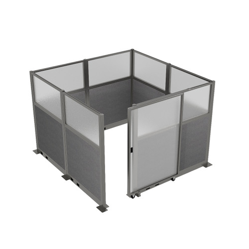 Hush Panel Electric Cubicle Sliding Door KIT, 6'h x 8'w x 8'd, Silver Trim, Frosted Poly Window, Frosted Poly 6'h x 4'w Left Door, Woven Cloud Gray