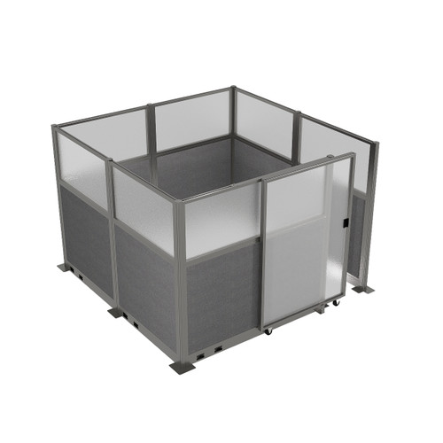 Hush Panel Electric Cubicle Sliding Door KIT, 6'h x 8'w x 8'd, Silver Trim, Frosted Poly Window, Frosted Poly 6'h x 4'w Right Door, Woven Cloud Gray