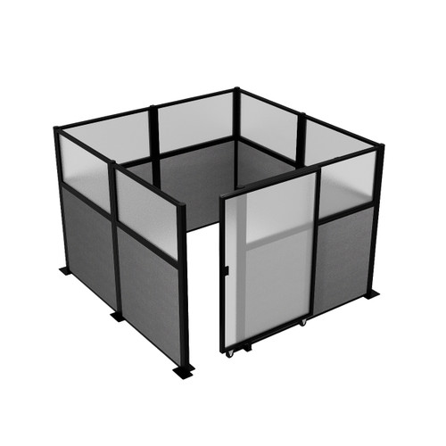 Hush Panel Cubicle Sliding Door KIT, 6'h x 8'w x 8'd, Matte Black Trim, Frosted Poly Window, Frosted Poly 6'h x 4'w Left Door, Woven Cloud Gray