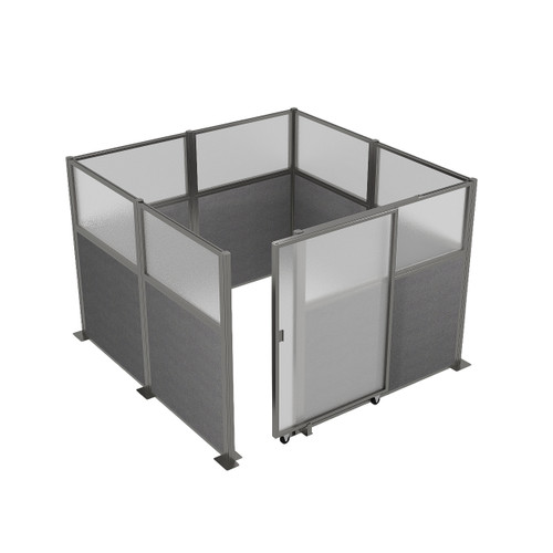 Hush Panel Cubicle Sliding Door KIT, 6'h x 8'w x 8'd, Silver Trim, Frosted Poly Window, Frosted Poly 6'h x 4'w Left Door, Woven Cloud Gray