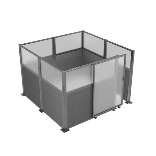 Hush Panel Cubicle Sliding Door KIT, 6'h x 8'w x 8'd, Silver Trim, Frosted Poly Window, Frosted Poly 6'h x 4'w Right Door, Woven Cloud Gray