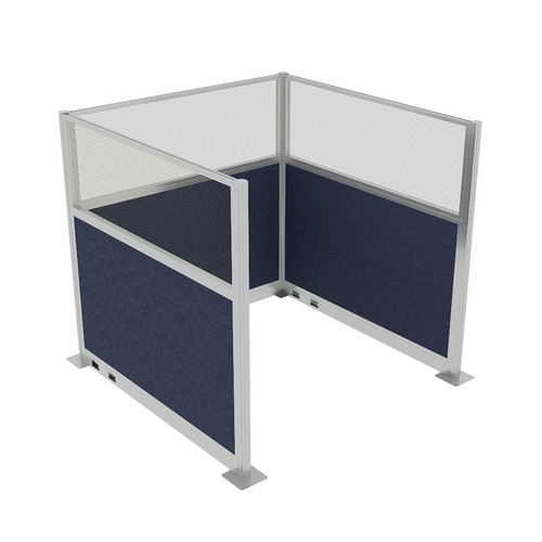 Portable Partition Wall Pre-Configured Hush Panel Electric Cubicle, U Shape 6' x 6' W/ Window Navy Blue Woven Fabric - Silver Trim