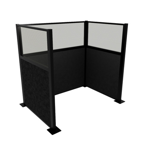 Portable Partition Wall Pre-Configured Hush Panel Cubicle, U Shape 6' x 4' W/ Window Black Woven Fabric - Black Trim