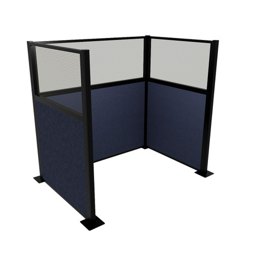 Portable Partition Wall Pre-Configured Hush Panel Cubicle, U Shape 6' x 4' W/ Window Navy Blue Woven Fabric - Black Trim