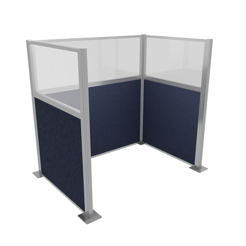 Portable Partition Wall Pre-Configured Hush Panel Cubicle, U Shape 6' x 4' W/ Window Navy Blue Woven Fabric - Silver Trim