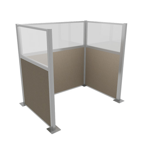 Portable Partition Wall Pre-Configured Hush Panel Cubicle, U Shape 6' x 4' W/ Window Warm Pebble Woven Fabric - Silver Trim