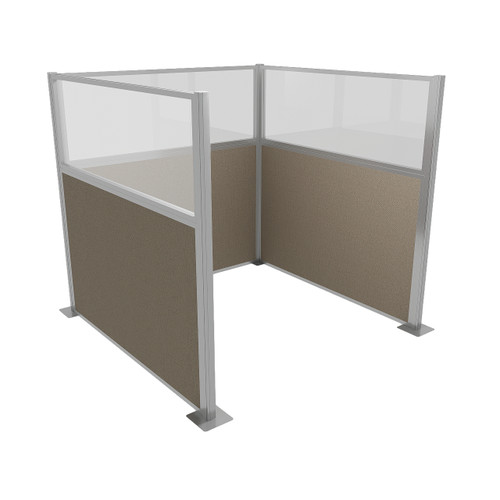 Portable Partition Wall Pre-Configured Hush Panel Cubicle, U Shape 6' x 6' W/ Window Warm Pebble Woven Fabric - Silver Trim