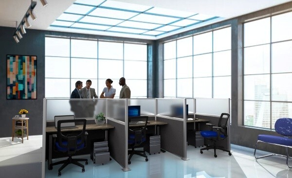 The office is using cubicles for their employees to have their own room workspace.