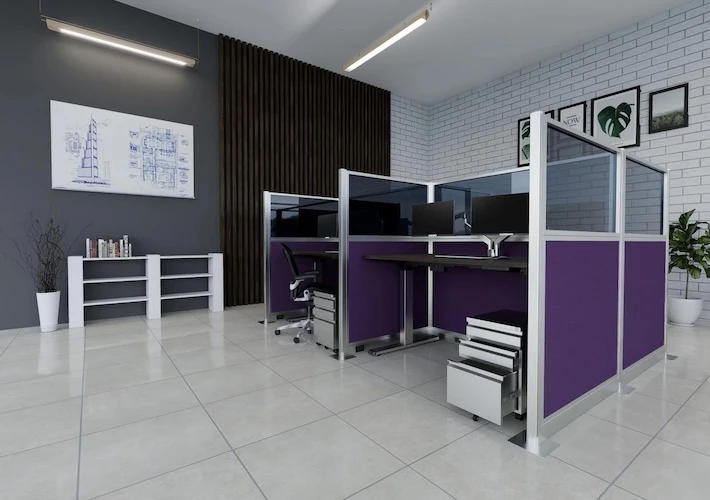 Purple Hush Panel cubicle partitions with clear upper panels creating private workstations in a modern office.